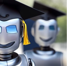A robot wears a graduation cap